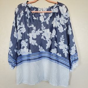 Meera Lane Two-Toned Blue Floral Long Sleeve Blouse Women's Size 1X